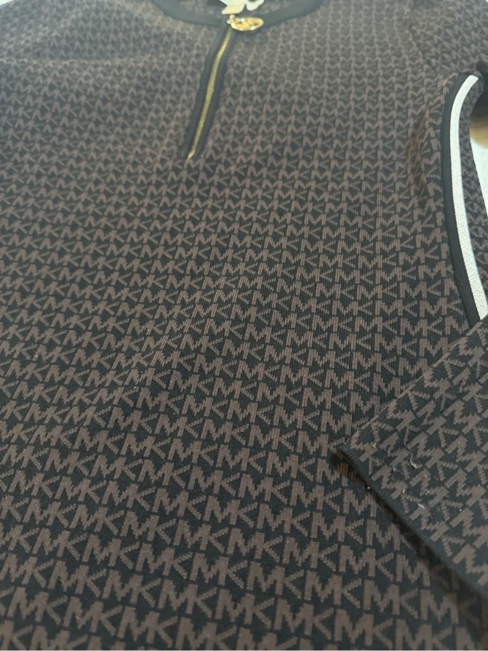 Michael Kors Brown and Black MK-Print Zip-Front Long-Sleeve Dress